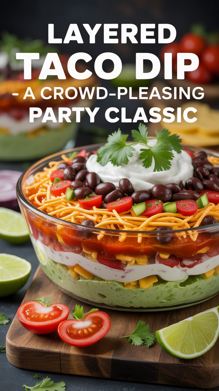 Pinterest pin for Layered Taco Dip - A Crowd-Pleasing Party Classic