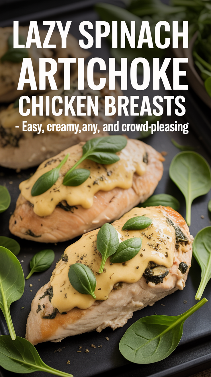 Pinterest pin for Lazy Spinach Artichoke Chicken Breasts - Easy, Creamy, and Crowd-Pleasing