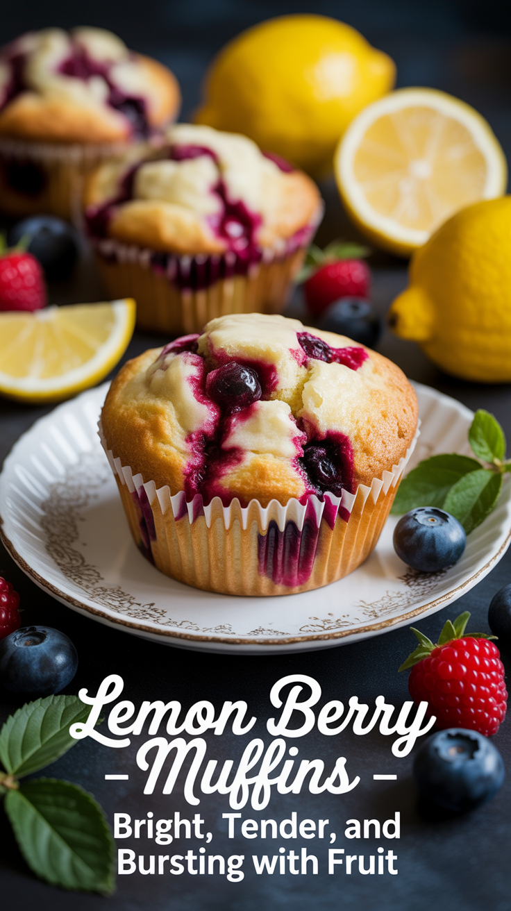Pinterest pin for Lemon Berry Muffins - Bright, Tender, and Bursting With Fruit