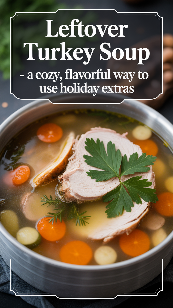 Pinterest pin for Leftover Turkey Soup - A Cozy, Flavorful Way to Use Holiday Extras