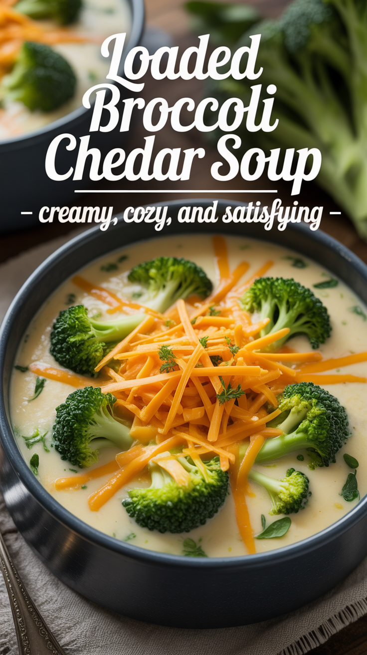 Pinterest pin for Loaded Broccoli Cheddar Soup - Creamy, Cozy, and Satisfying