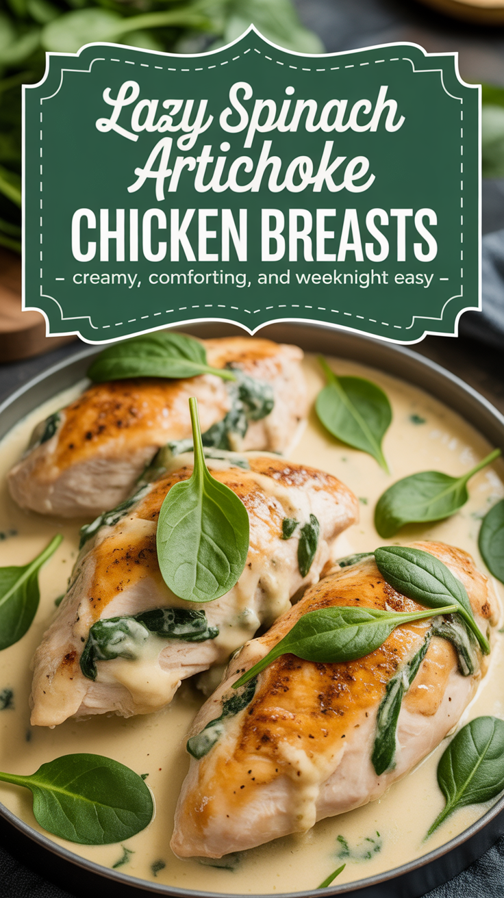 Pinterest pin for Lazy Spinach Artichoke Chicken Breasts - Creamy, Comforting, and Weeknight Easy