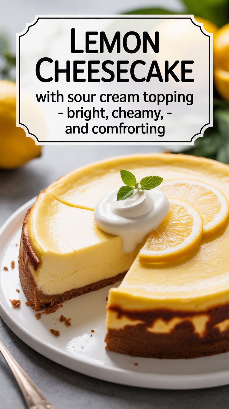 Pinterest pin for Lemon Cheesecake With Sour Cream Topping - Bright, Creamy, and Comforting