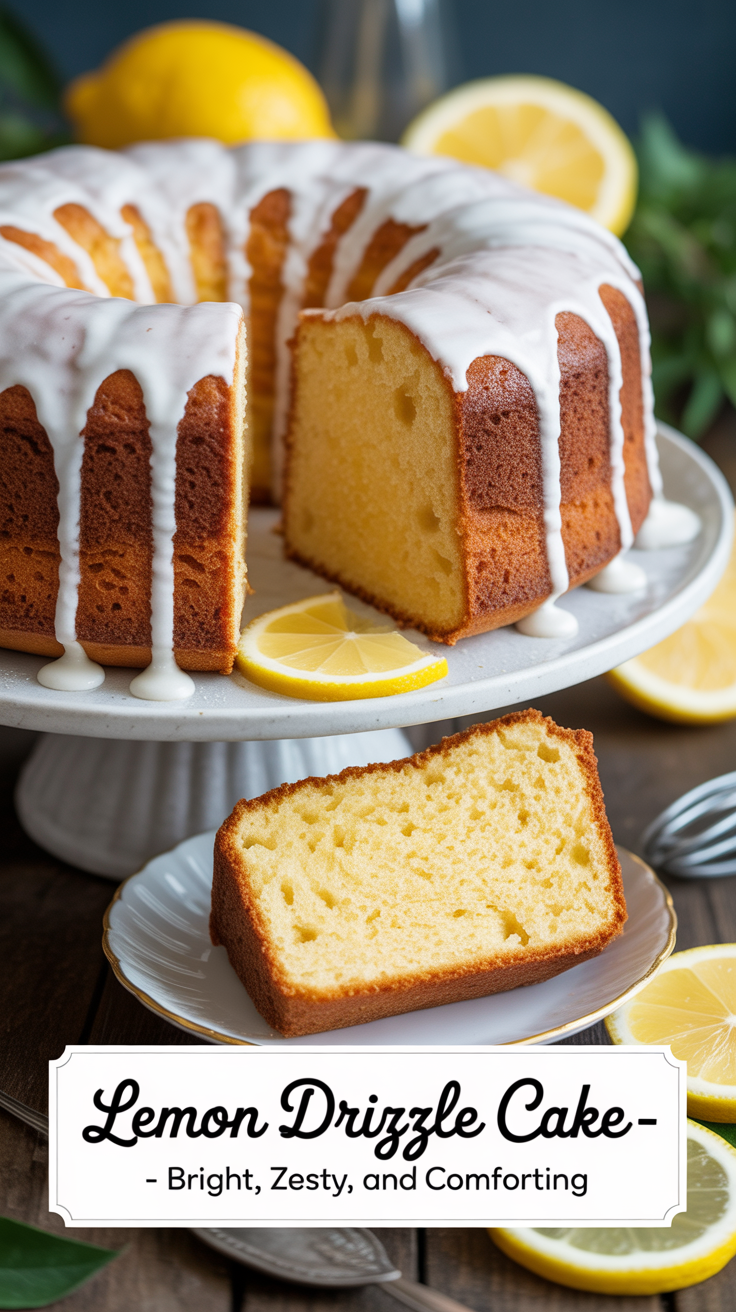 Pinterest pin for Lemon Drizzle Cake - Bright, Zesty, and Comforting