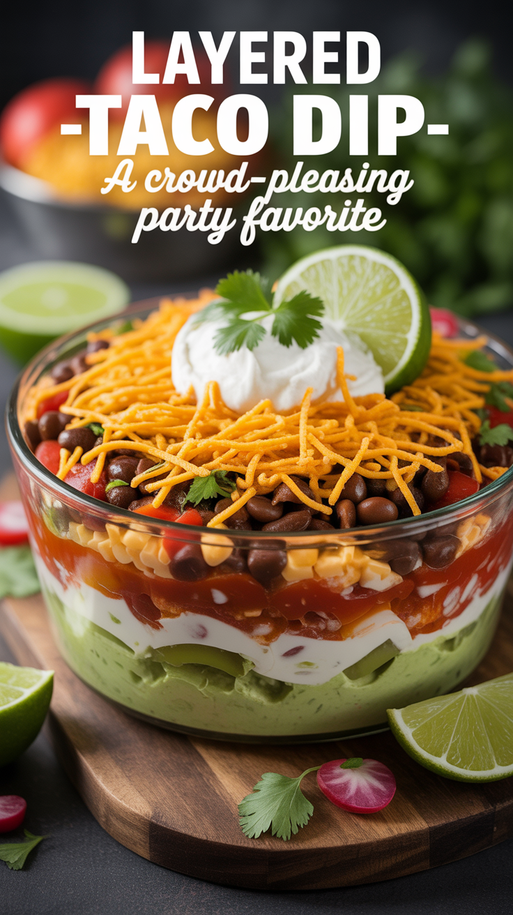 Pinterest pin for Layered Taco Dip - A Crowd-Pleasing Party Favorite