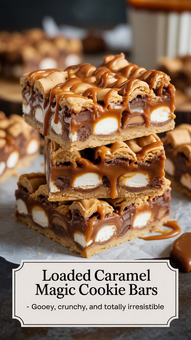 Pinterest pin for Loaded Caramel Magic Cookie Bars - Gooey, Crunchy, and Totally Irresistible