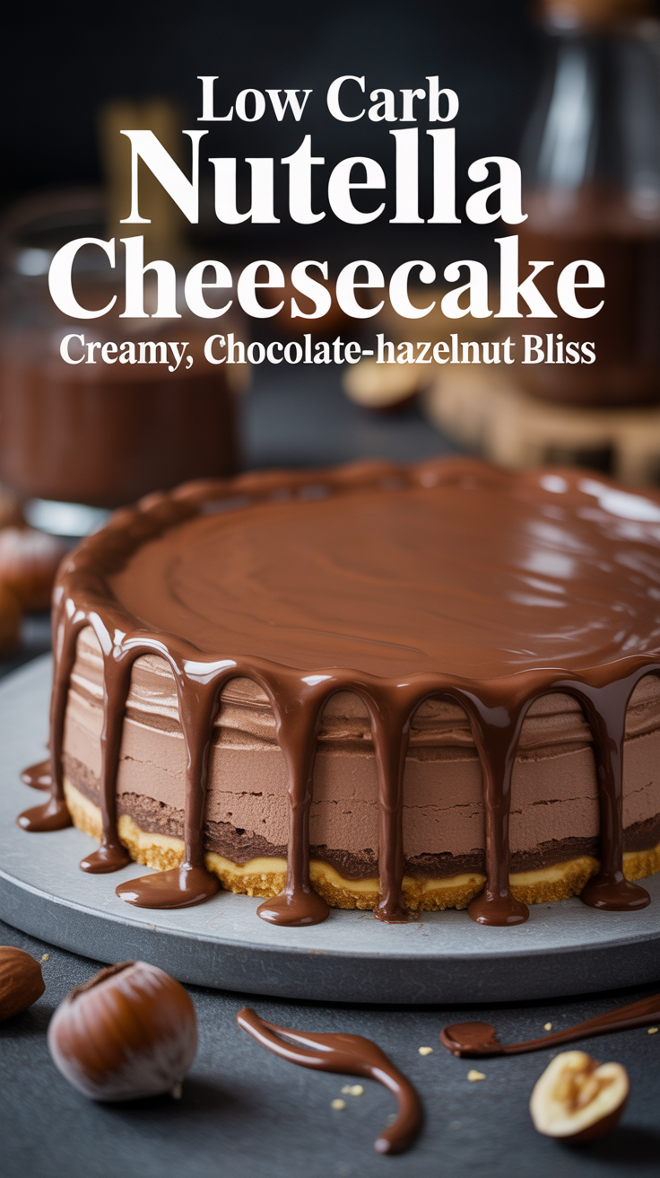 Pinterest pin for Low Carb Nutella Cheesecake - Creamy, Chocolate-Hazelnut Bliss