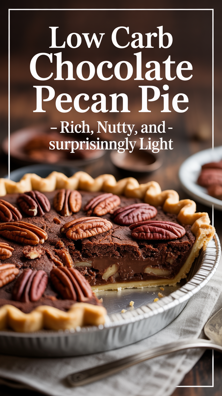 Pinterest pin for Low Carb Chocolate Pecan Pie - Rich, Nutty, and Surprisingly Light