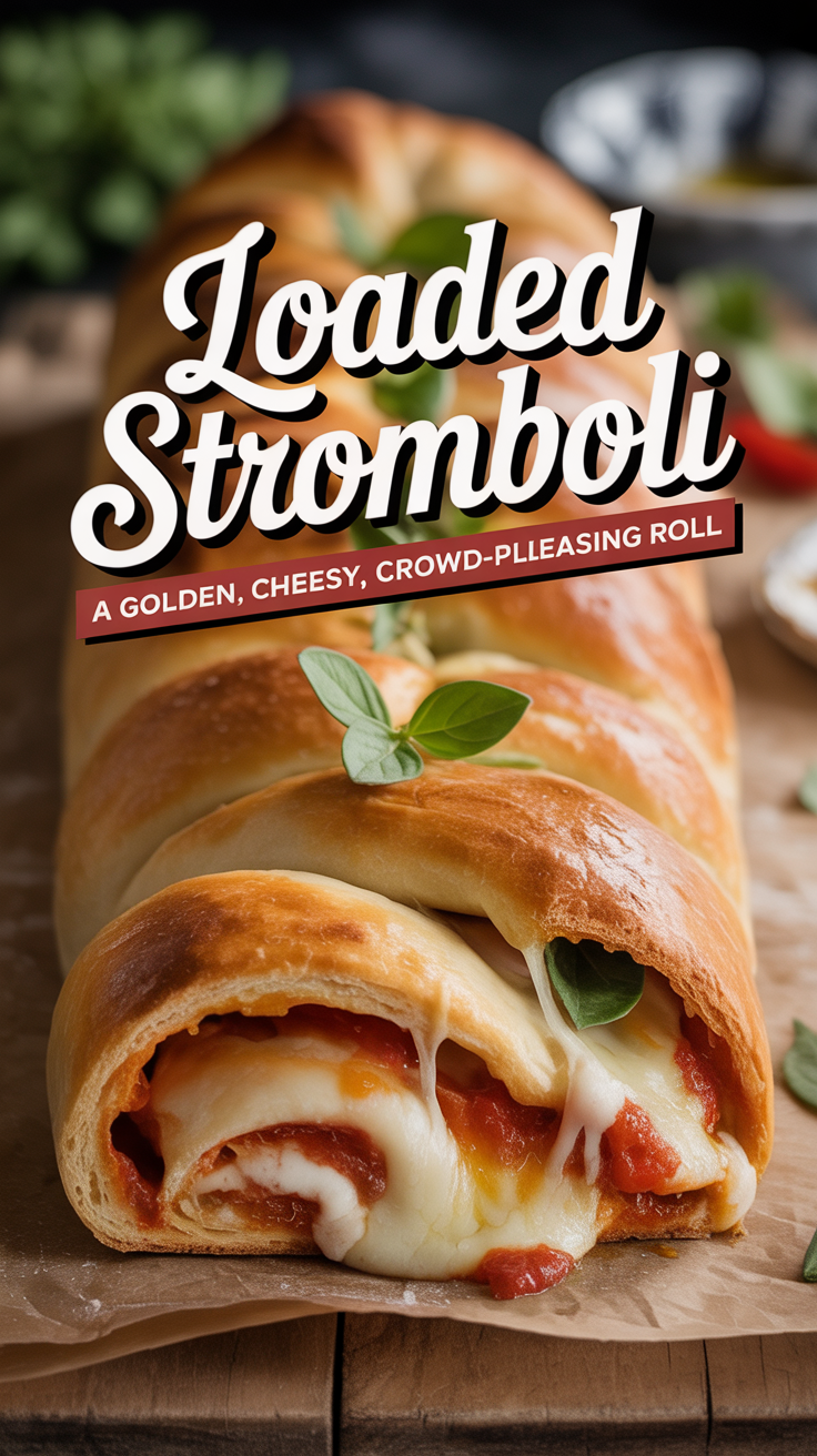 Pinterest pin for Loaded Stromboli - A Golden, Cheesy, Crowd-Pleasing Roll