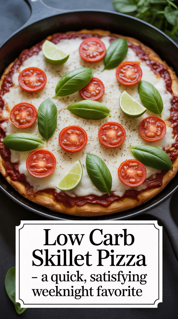 Pinterest pin for Low Carb Skillet Pizza - A Quick, Satisfying Weeknight Favorite