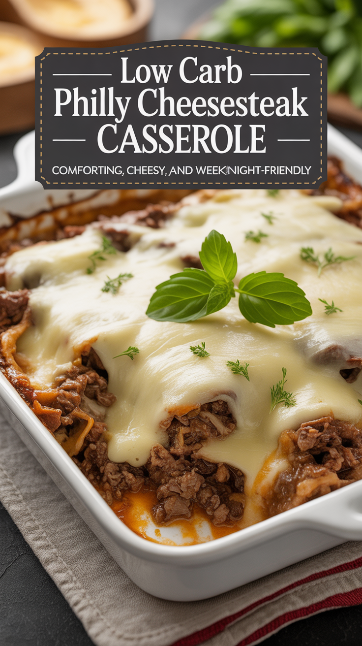 Pinterest pin for Low Carb Philly Cheesesteak Casserole - Comforting, Cheesy, and Weeknight-Friendly
