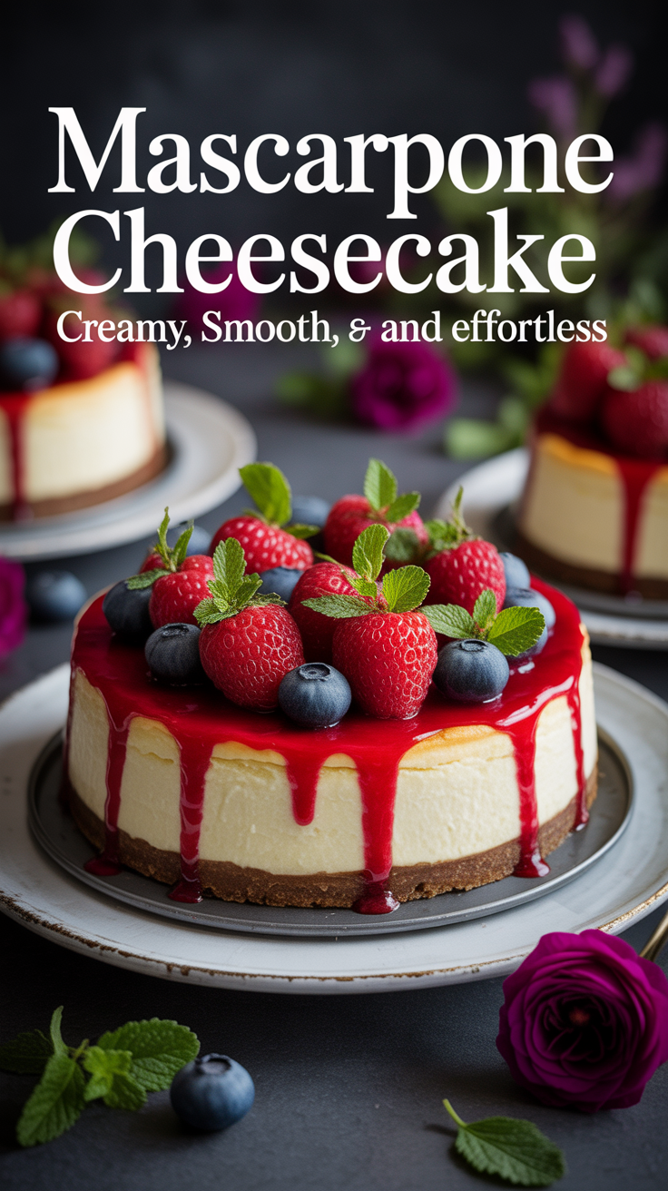 Pinterest pin for Mascarpone Cheesecake - Creamy, Smooth, and Effortless