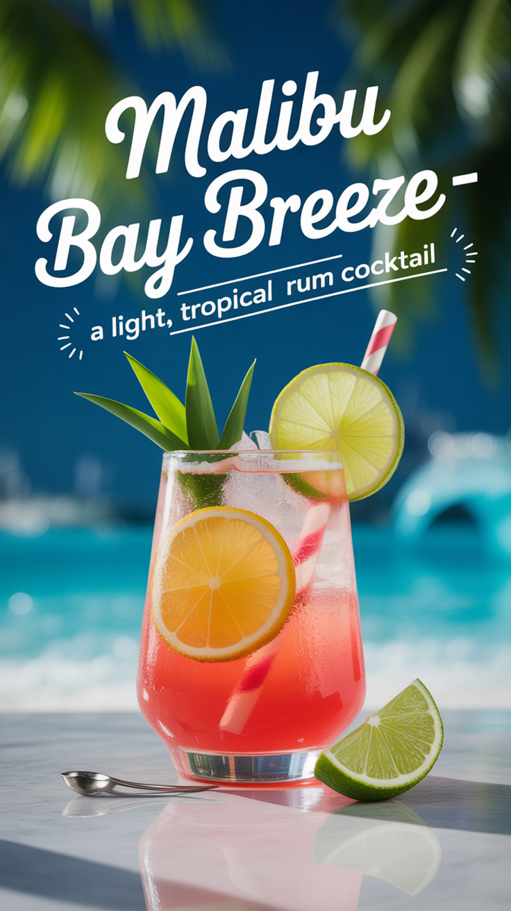 Pinterest pin for Malibu Bay Breeze - A Light, Tropical Rum Cocktail