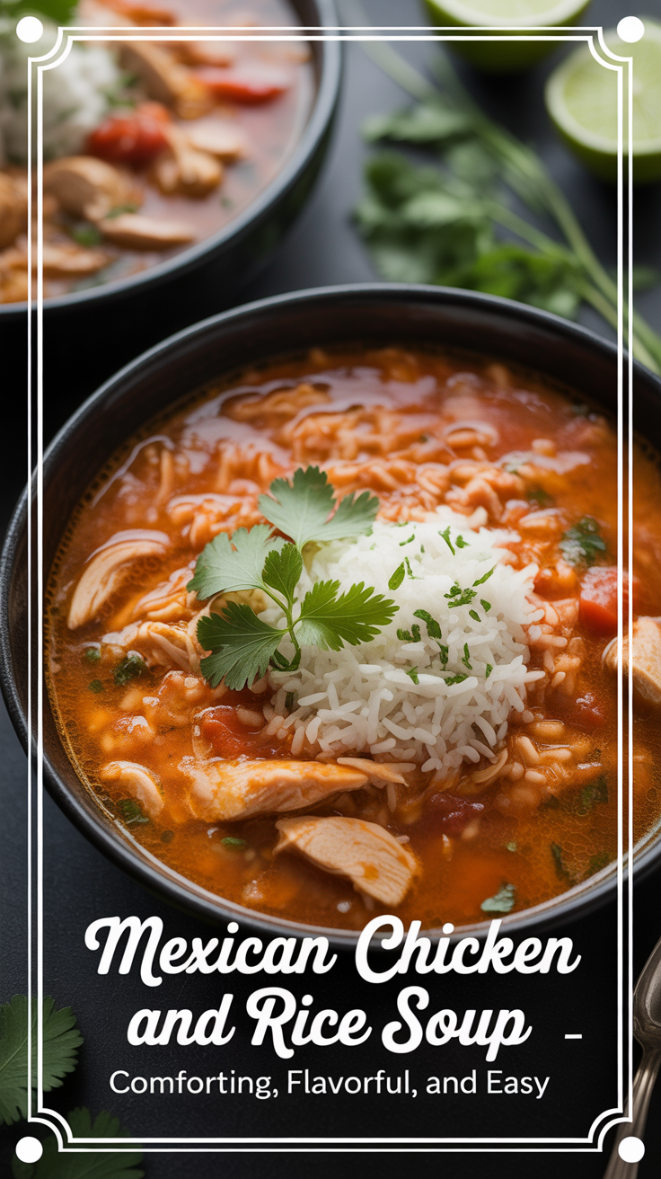 Pinterest pin for Mexican Chicken And Rice Soup - Comforting, Flavorful, and Easy