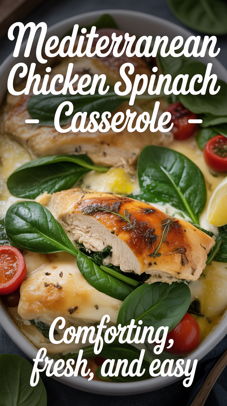 Pinterest pin for Mediterranean Chicken Spinach Casserole - Comforting, Fresh, and Easy