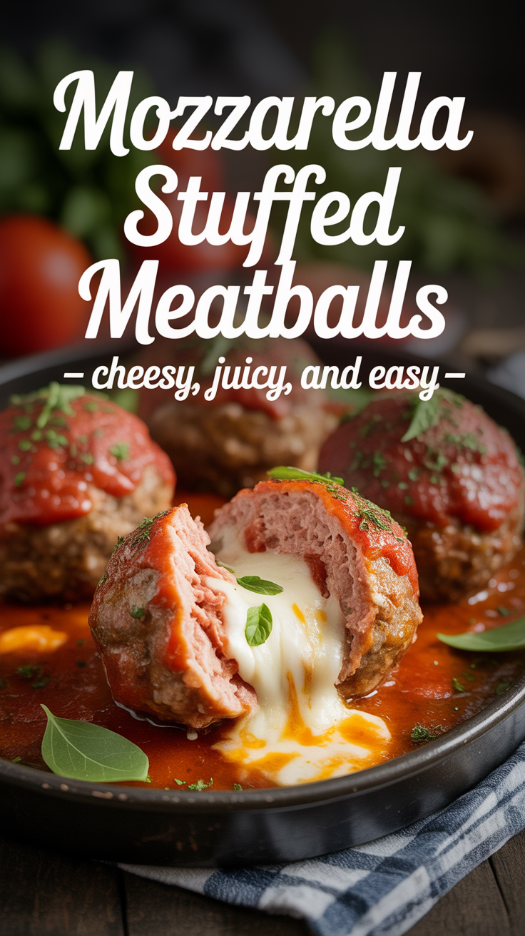Pinterest pin for Mozzarella Stuffed Meatballs – Cheesy, Juicy, and Easy