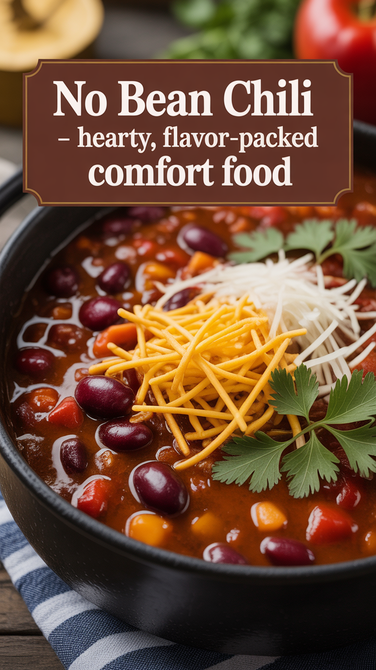 Pinterest pin for No Bean Chili - Hearty, Flavor-Packed Comfort Food