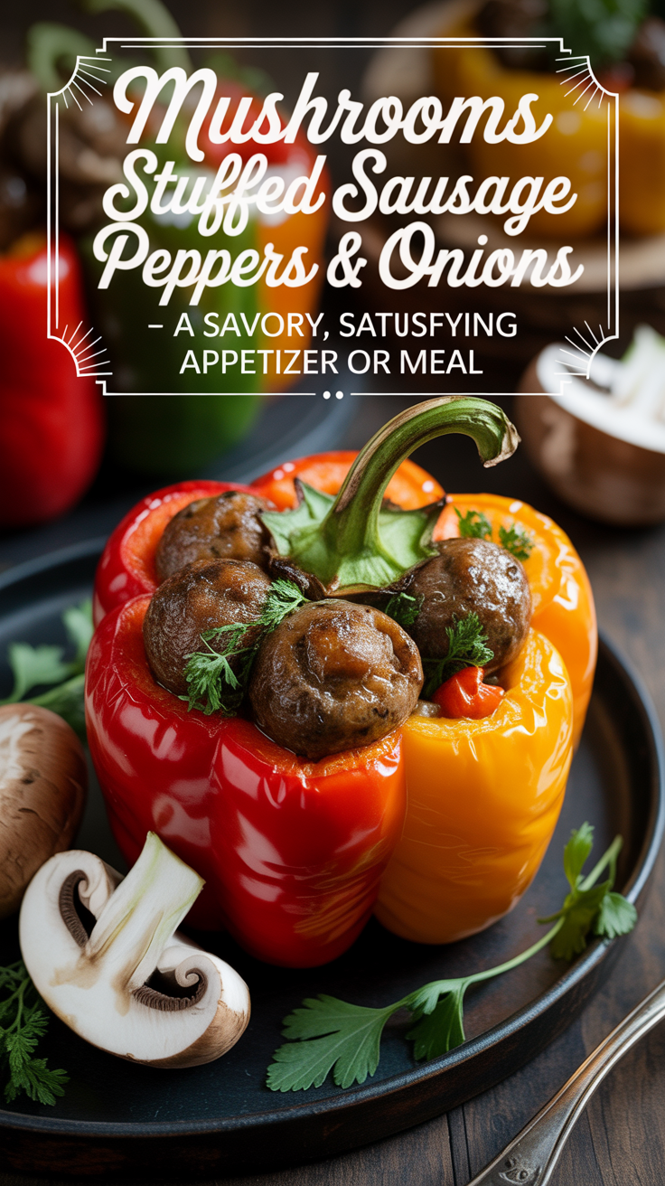 Pinterest pin for Mushrooms Stuffed Sausage Peppers Onions – A Savory, Satisfying Appetizer or Meal