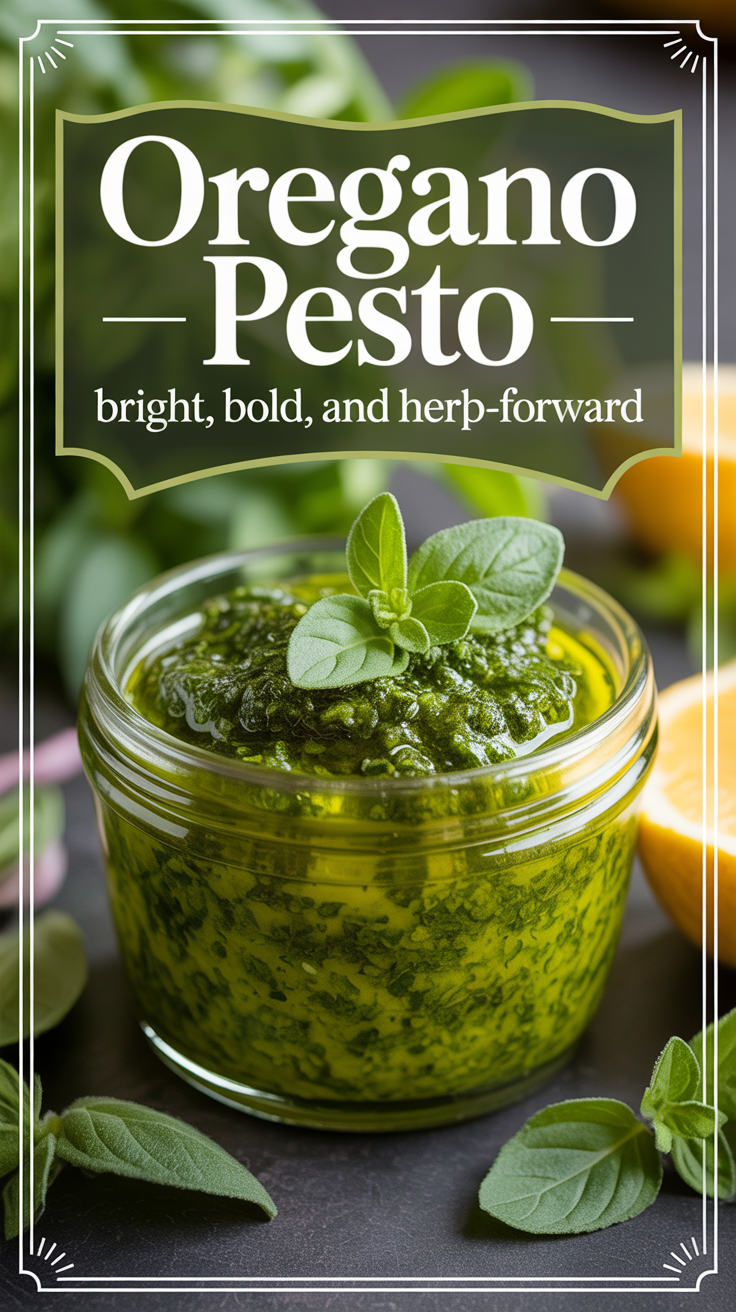 Pinterest pin for Oregano Pesto - Bright, Bold, and Herb-Forward