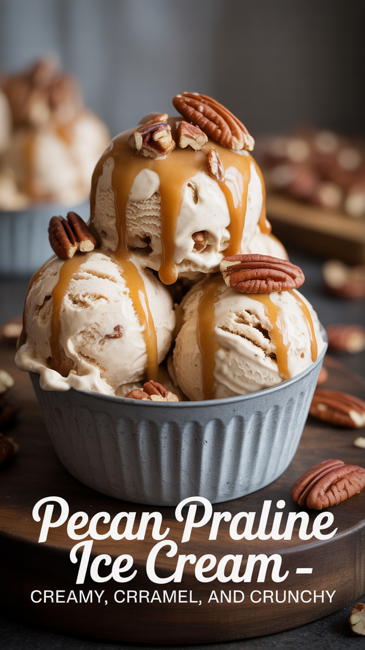 Pinterest pin for Pecan Praline Ice Cream - Creamy, Caramel, and Crunchy