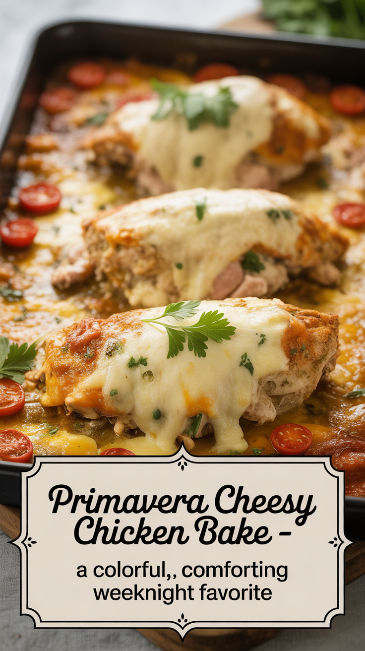 Pinterest pin for Primavera Cheesy Chicken Bake - A Colorful, Comforting Weeknight Favorite