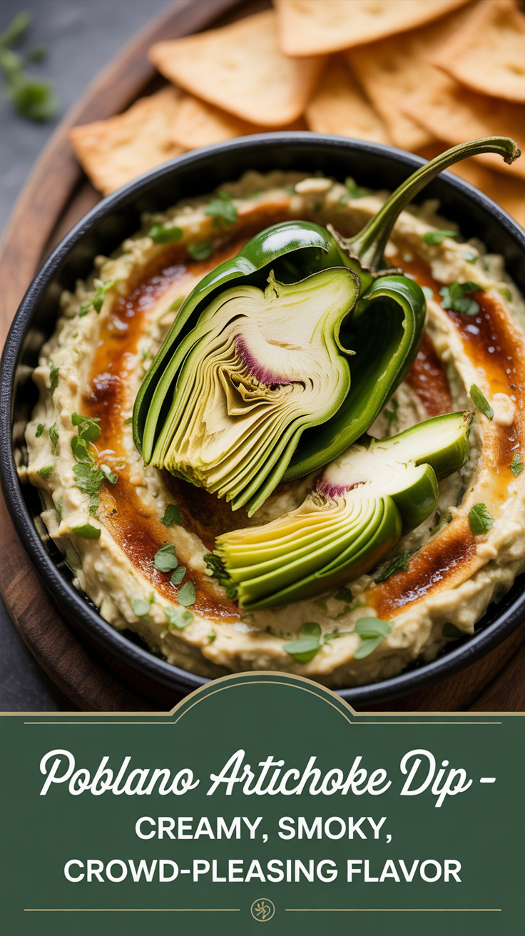 Pinterest pin for Poblano Artichoke Dip - Creamy, Smoky, Crowd-Pleasing Flavor