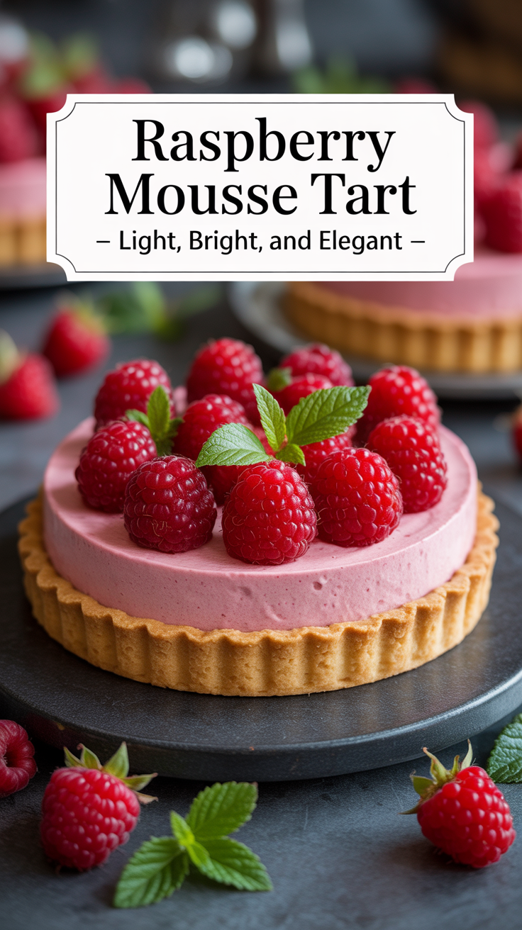 Pinterest pin for Raspberry Mousse Tart - Light, Bright, and Elegant