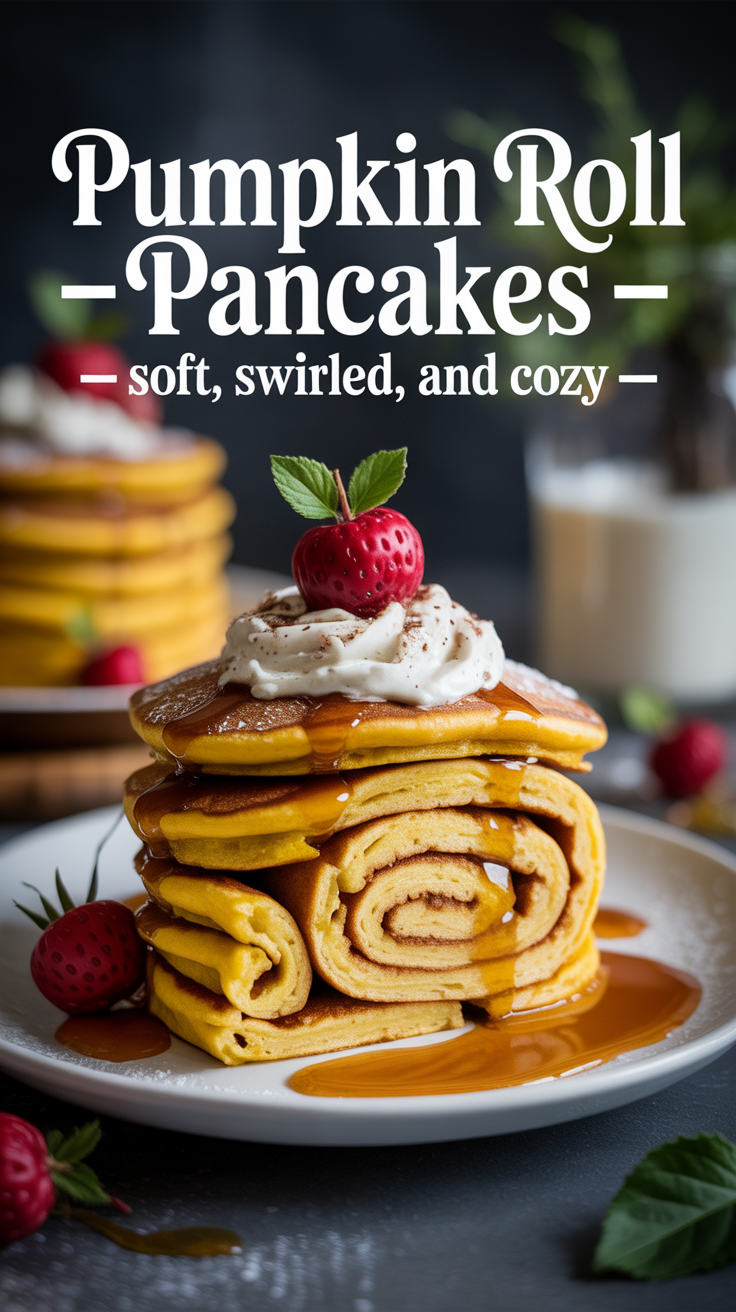 Pinterest pin for Pumpkin Roll Pancakes - Soft, Swirled, and Cozy