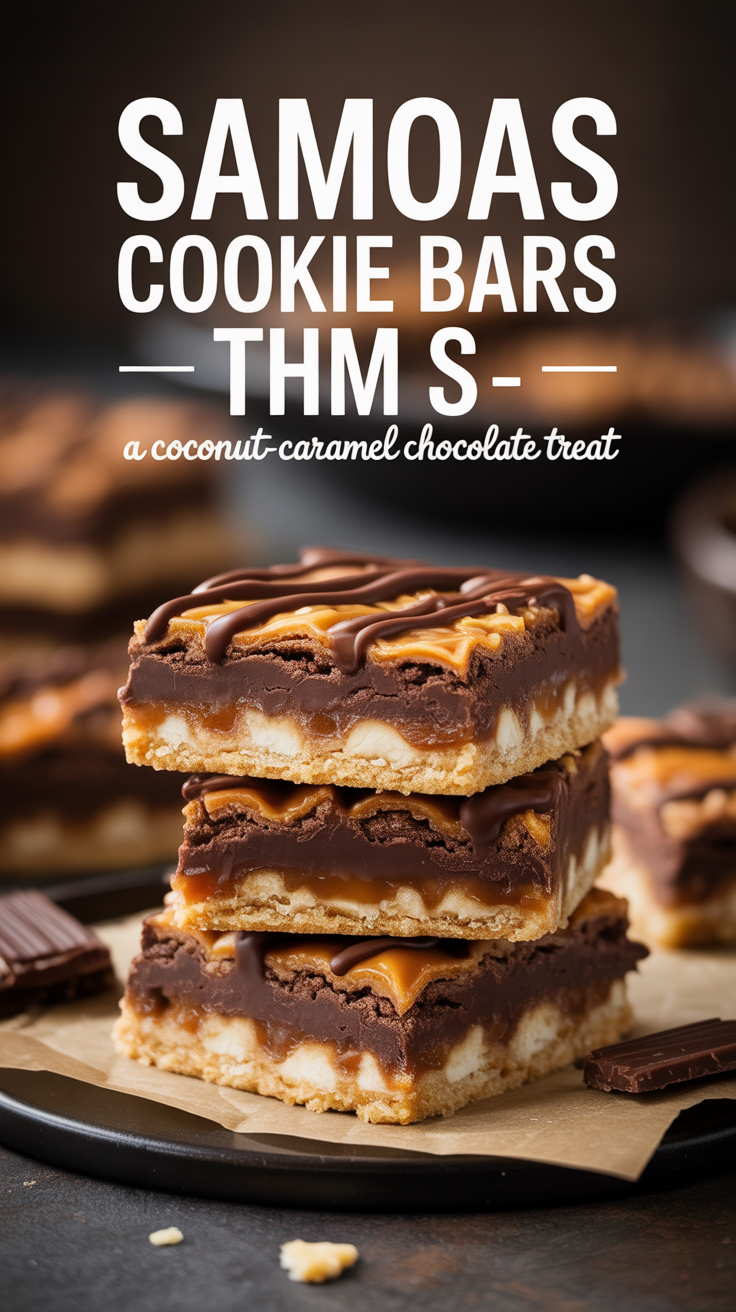 Pinterest pin for Samoas Cookie Bars Thm S - A Coconut-Caramel Chocolate Treat
