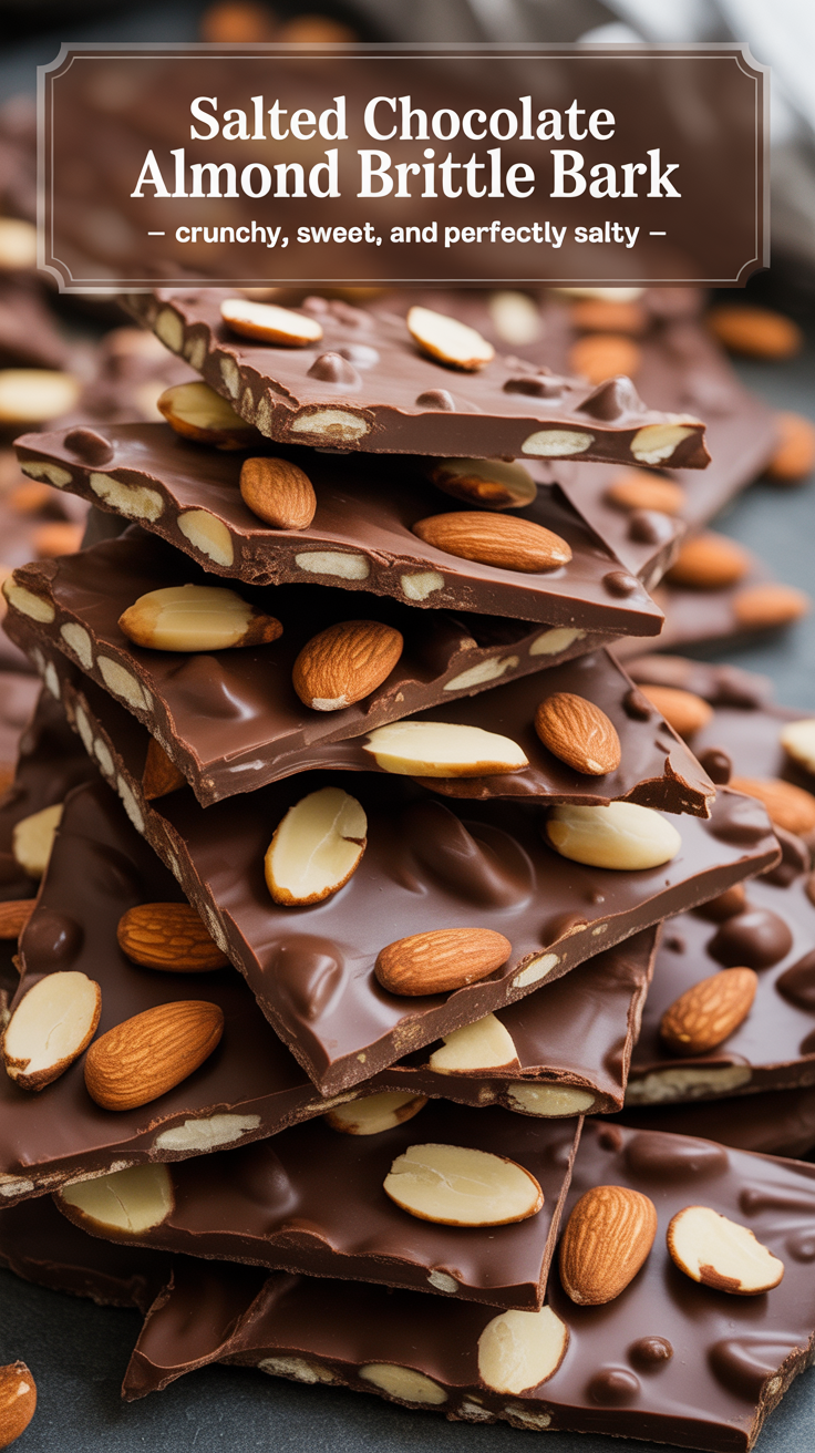 Pinterest pin for Salted Chocolate Almond Brittle Bark - Crunchy, Sweet, and Perfectly Salty