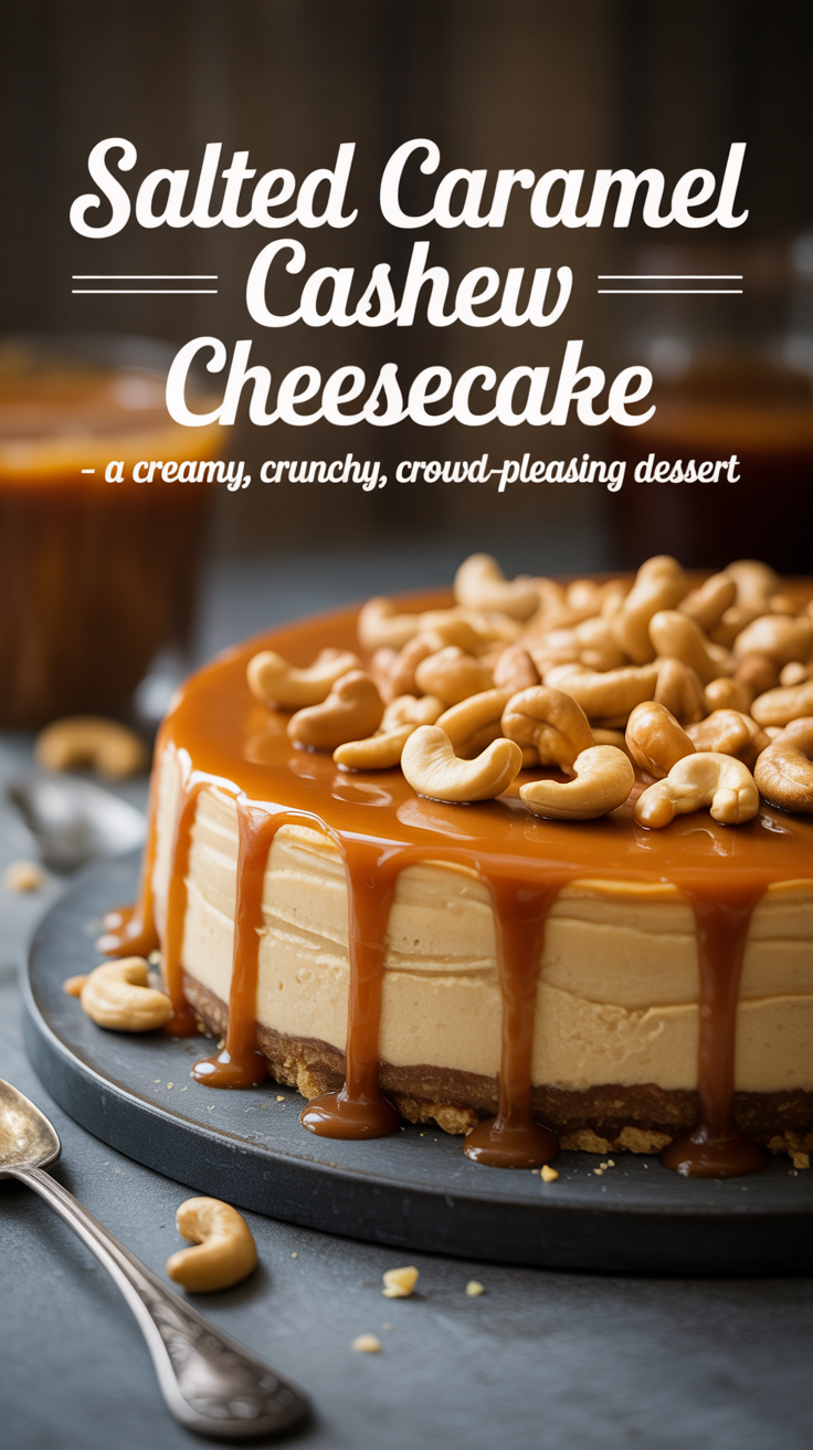 Pinterest pin for Salted Caramel Cashew Cheesecake - A Creamy, Crunchy, Crowd-Pleasing Dessert