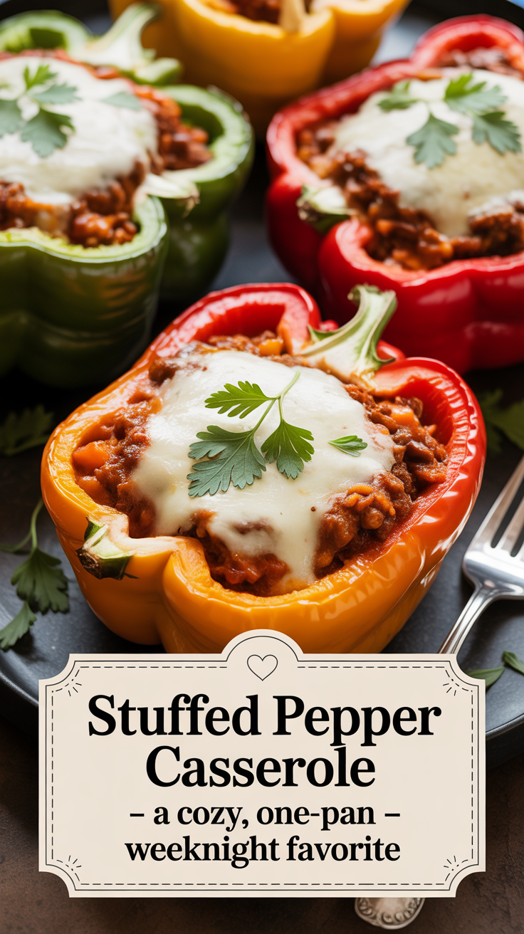 Pinterest pin for Stuffed Pepper Casserole - A Cozy, One-Pan Weeknight Favorite