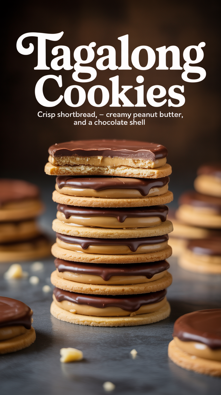 Pinterest pin for Tagalong Cookies - Crisp Shortbread, Creamy Peanut Butter, and a Chocolate Shell
