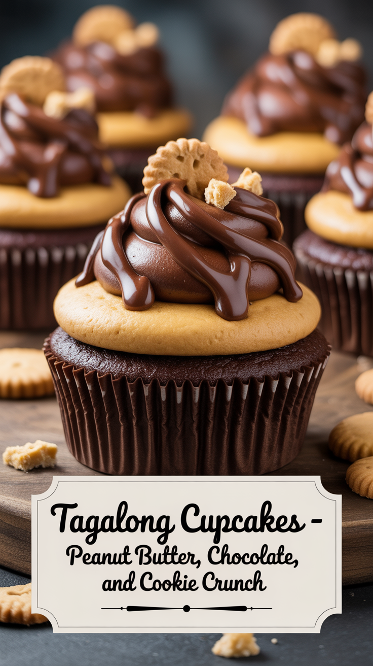 Pinterest pin for Tagalong Cupcakes - Peanut Butter, Chocolate, and Cookie Crunch