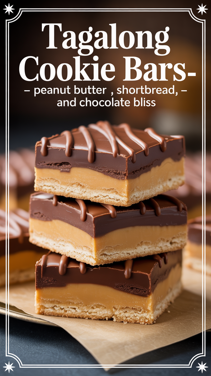 Pinterest pin for Tagalong Cookie Bars - Peanut Butter, Shortbread, and Chocolate Bliss
