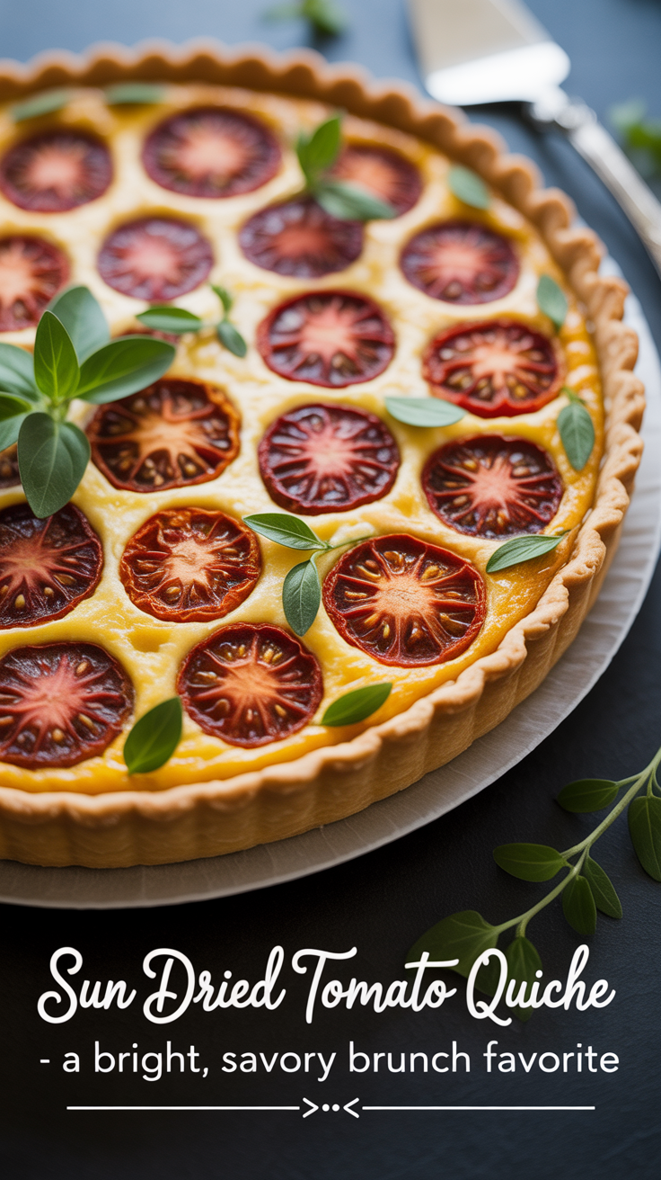 Pinterest pin for Sun Dried Tomato Quiche - A Bright, Savory Brunch Favorite