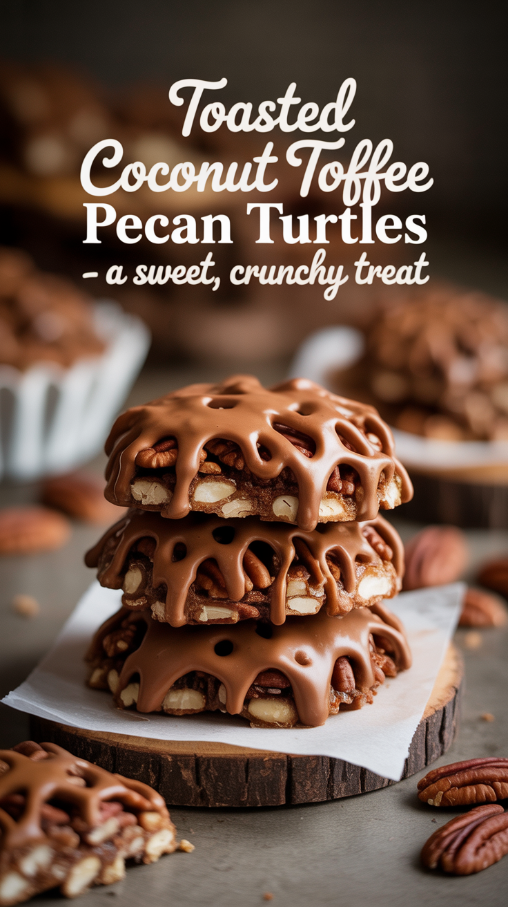 Pinterest pin for Toasted Coconut Toffee Pecan Turtles - A Sweet, Crunchy Treat