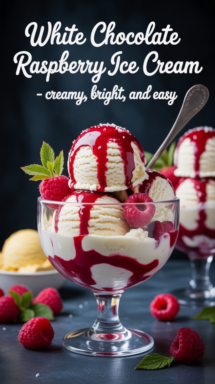 Pinterest pin for White Chocolate Raspberry Ice Cream - Creamy, Bright, and Easy