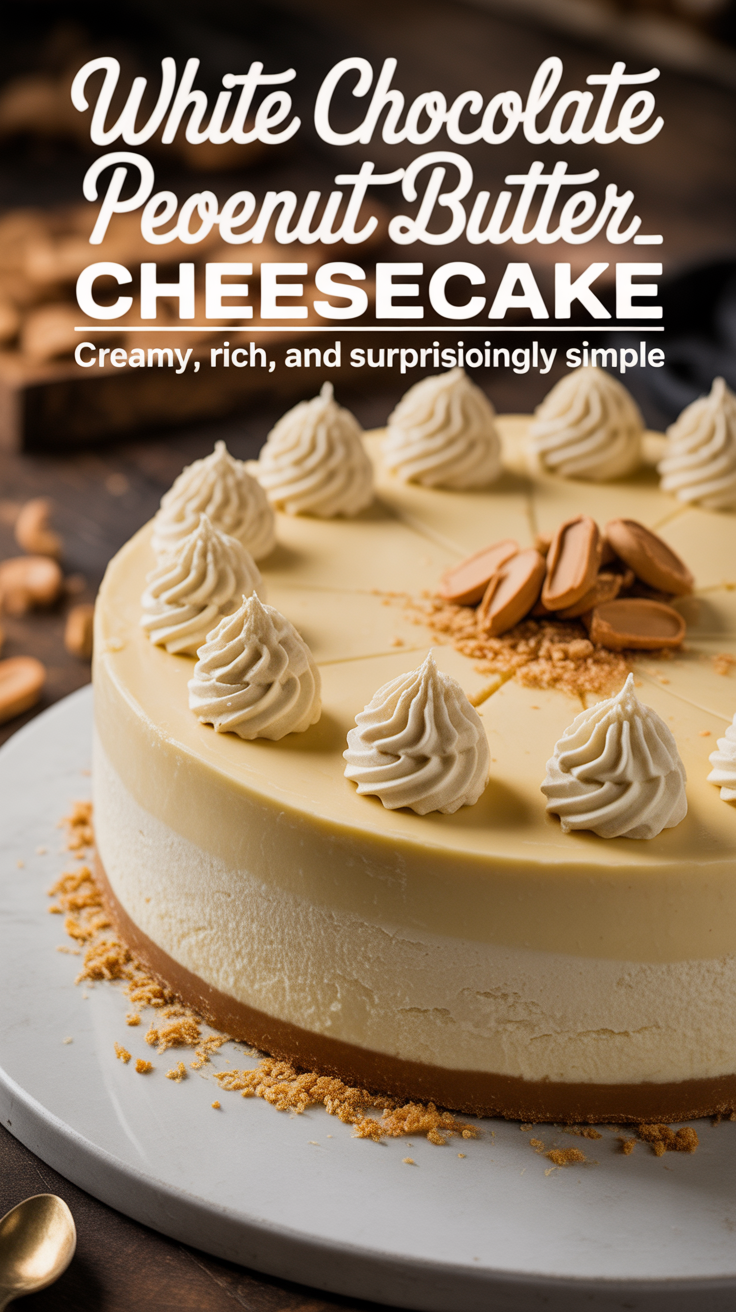 Pinterest pin for White Chocolate Peanut Butter Cheesecake - Creamy, Rich, and Surprisingly Simple