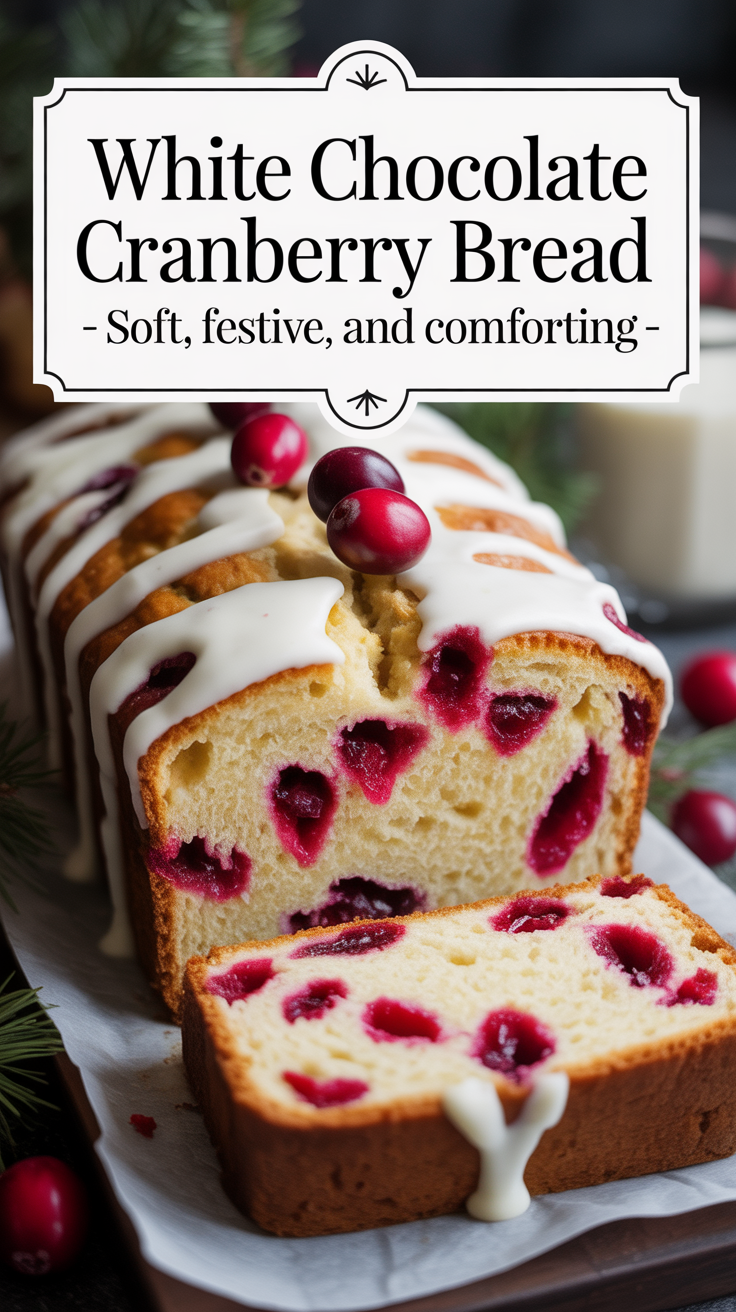 Pinterest pin for White Chocolate Cranberry Bread - Soft, Festive, and Comforting
