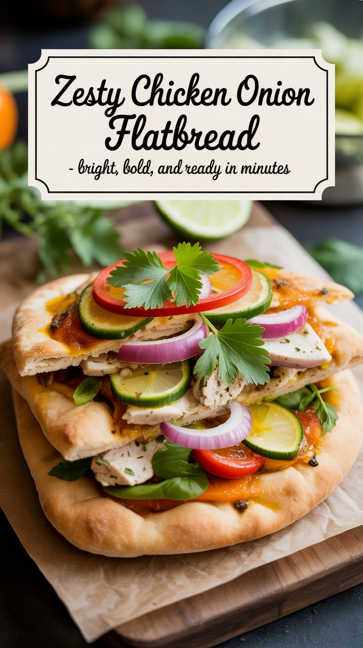 Pinterest pin for Zesty Chicken Onion Flatbread - Bright, Bold, and Ready in Minutes