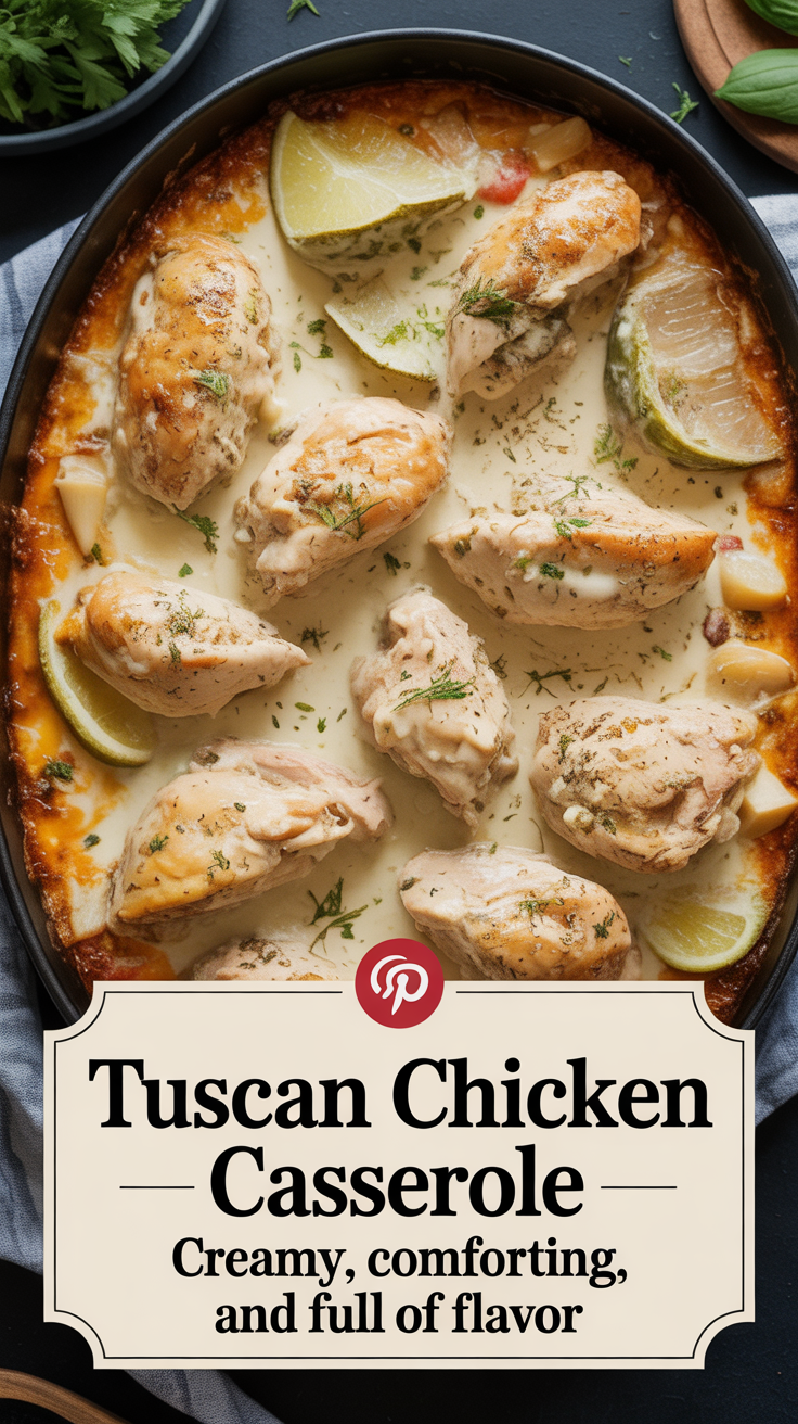 Pinterest pin for Tuscan Chicken Casserole - Creamy, Comforting, and Full of Flavor