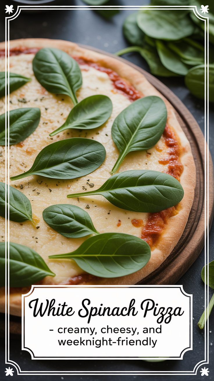 Pinterest pin for White Spinach Pizza – Creamy, Cheesy, and Weeknight-Friendly