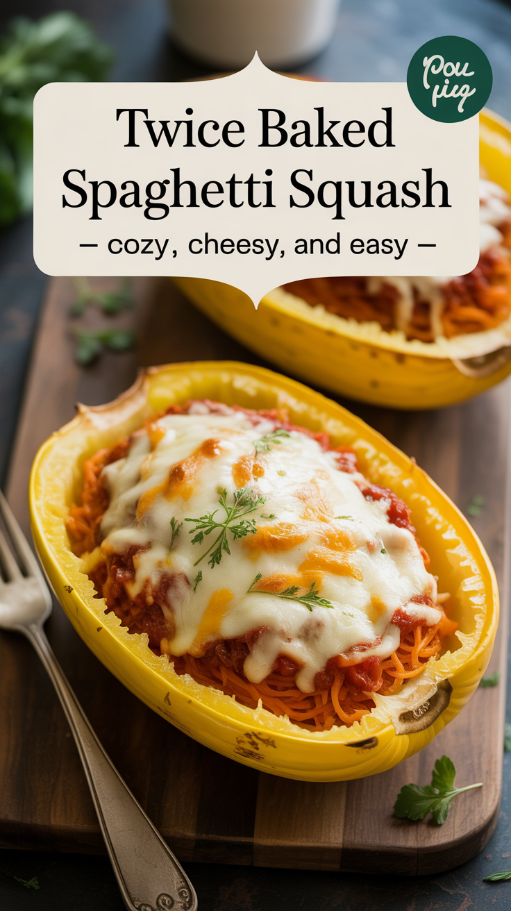 Pinterest pin for Twice Baked Spaghetti Squash - Cozy, Cheesy, and Easy