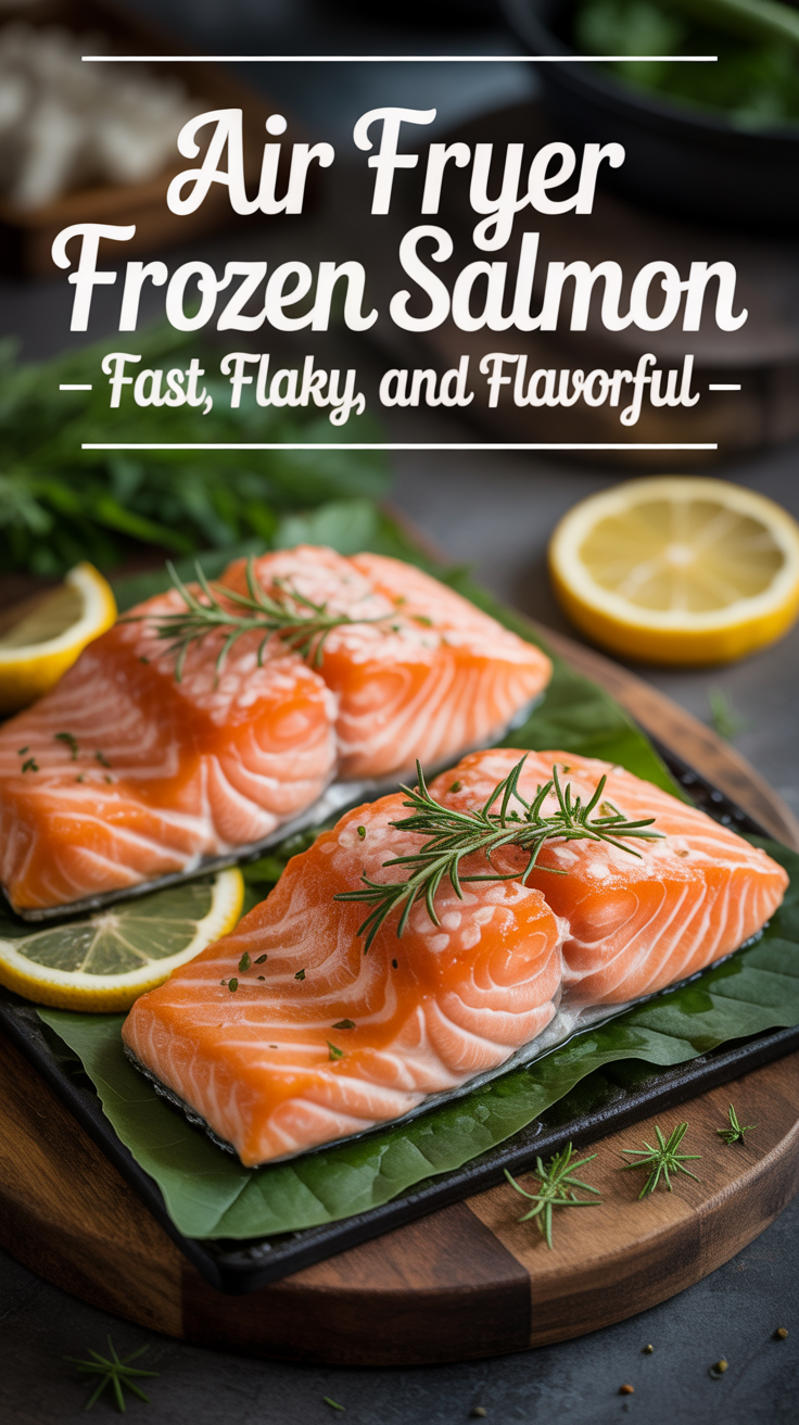 Pinterest pin for Air Fryer Frozen Salmon - Fast, Flaky, and Flavorful