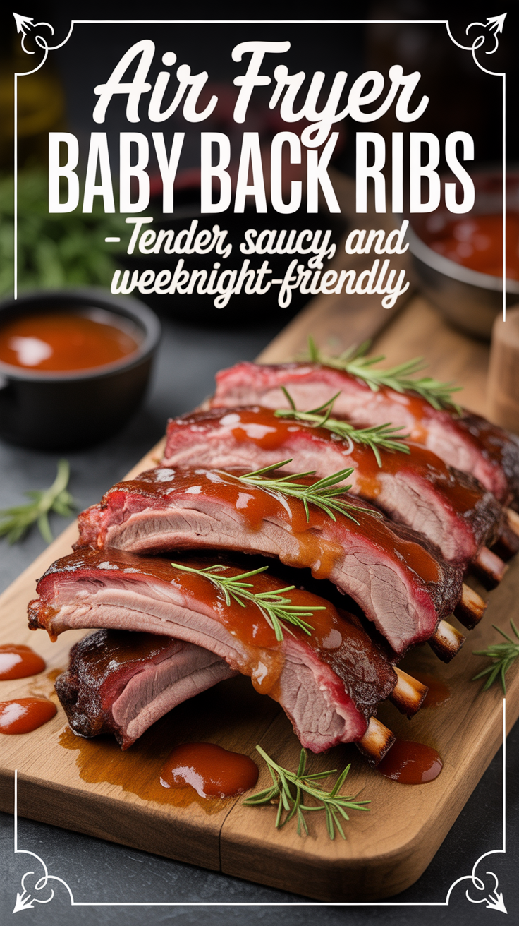Pinterest pin for Air Fryer Baby Back Ribs - Tender, Saucy, and Weeknight-Friendly