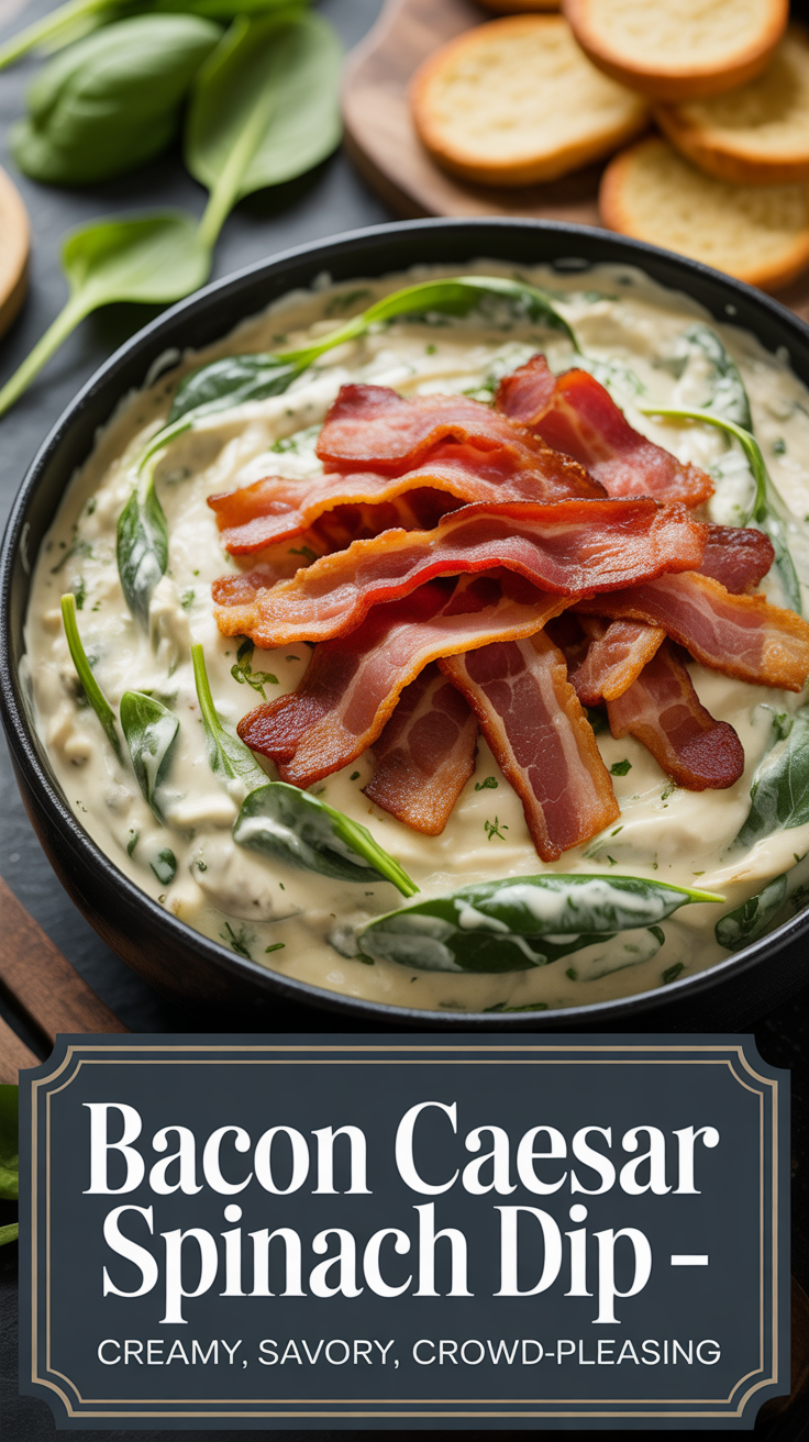 Pinterest pin for Bacon Caesar Spinach Dip - Creamy, Savory, Crowd-Pleasing