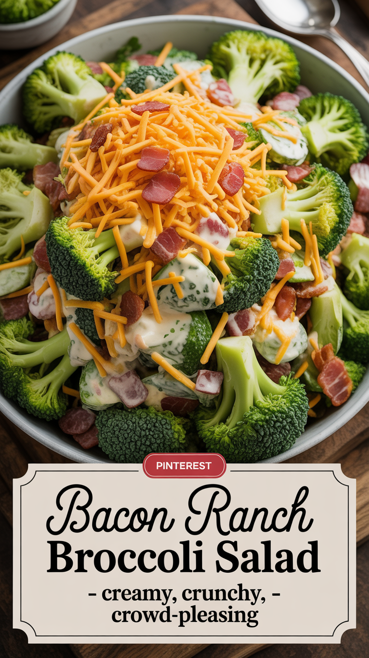 Pinterest pin for Bacon Ranch Cheddar Broccoli Salad - Creamy, Crunchy, Crowd-Pleasing