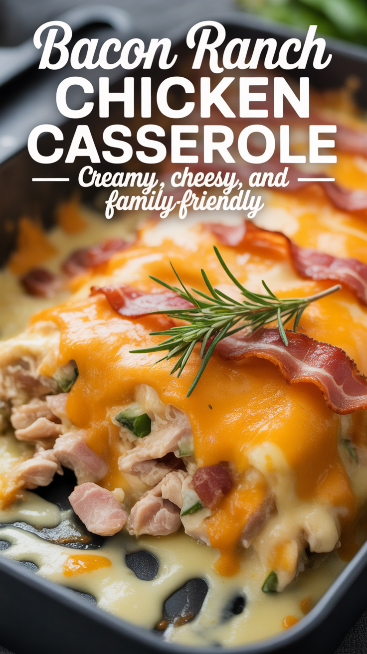 Pinterest pin for Bacon Ranch Chicken Casserole - Creamy, Cheesy, and Family-Friendly