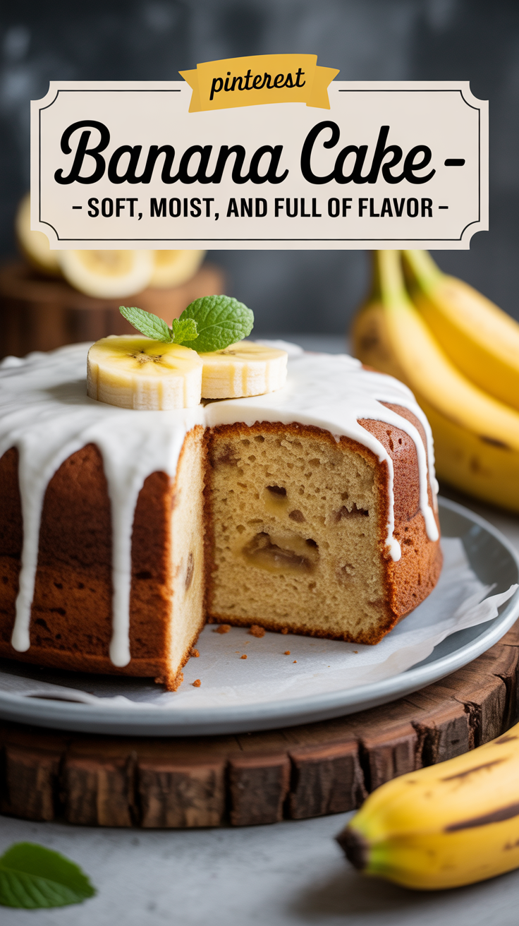 Pinterest pin for Banana Cake - Soft, Moist, and Full of Flavor